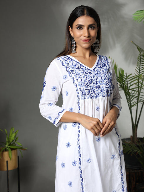 Hand embroidery Chikankari V neck Anarkali Dress | Long Kurti in Cotton For Women